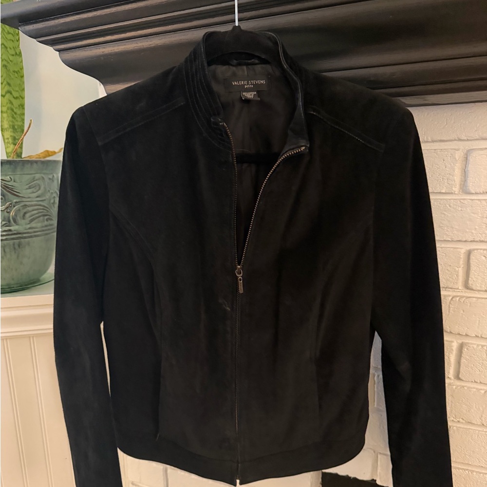 Valerie Stevens Black Suede Zip-Front Jacket with Stand Collar